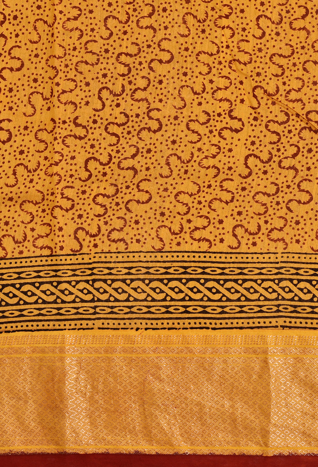 ZENDIYA : BAGH HANDBLOCK HANDWOVEN MAHESHWARI COTTON SILK SAREE WITH GOLD ZARI BORDER