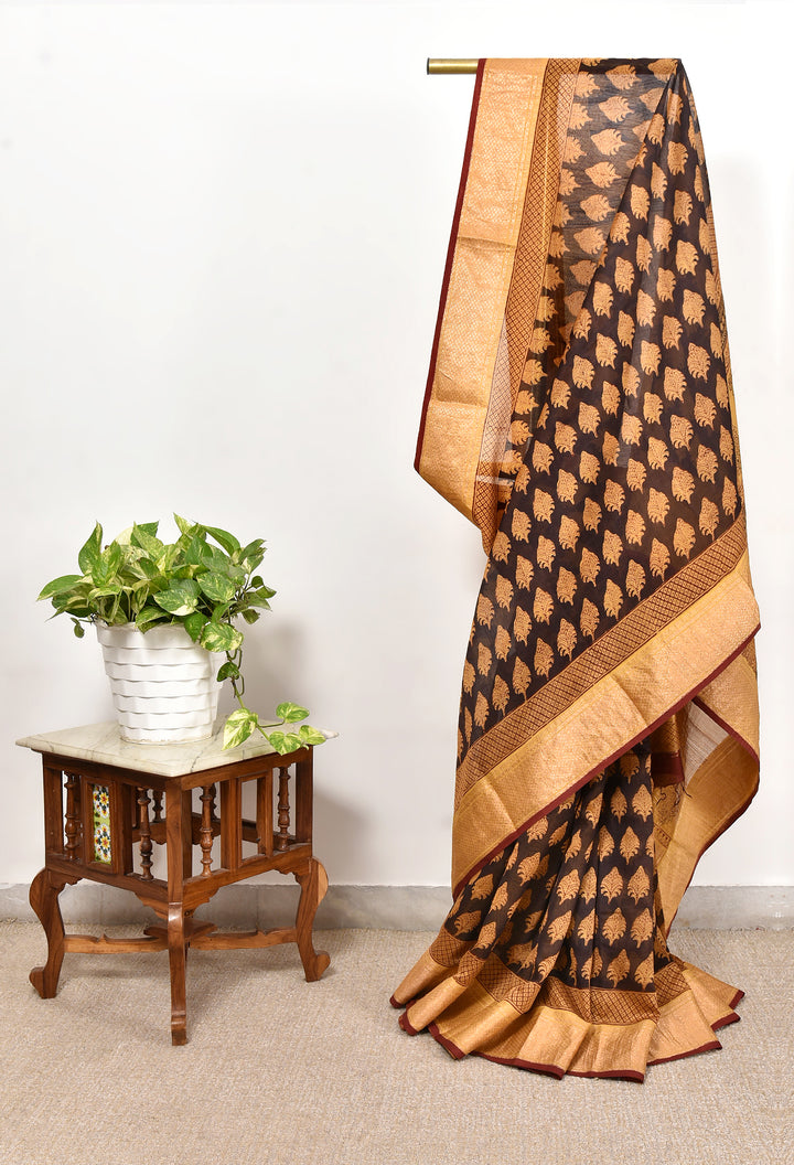 HUSNA : BAGH HANDBLOCK HANDWOVEN MAHESHWARI COTTON SILK SAREE WITH GOLD ZARI BORDER