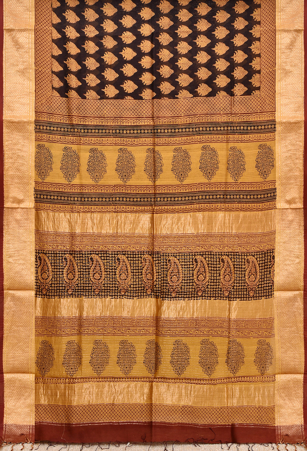 HUSNA : BAGH HANDBLOCK HANDWOVEN MAHESHWARI COTTON SILK SAREE WITH GOLD ZARI BORDER
