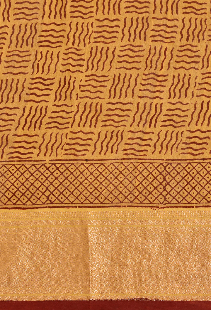 HUSNA : BAGH HANDBLOCK HANDWOVEN MAHESHWARI COTTON SILK SAREE WITH GOLD ZARI BORDER