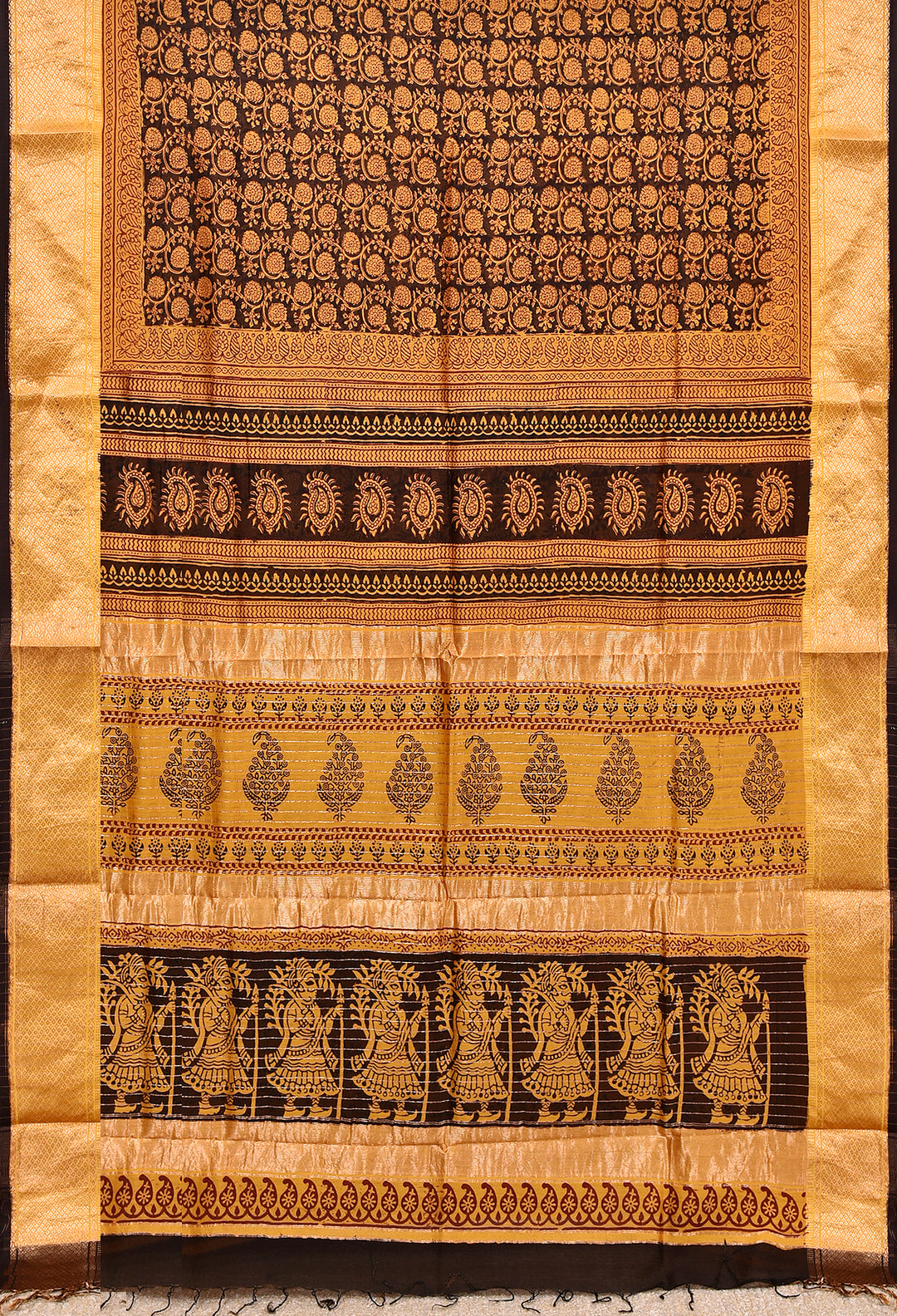 JAYILA : BAGH HANDBLOCK HANDWOVEN MAHESHWARI COTTON SILK SAREE WITH GOLD ZARI BORDER