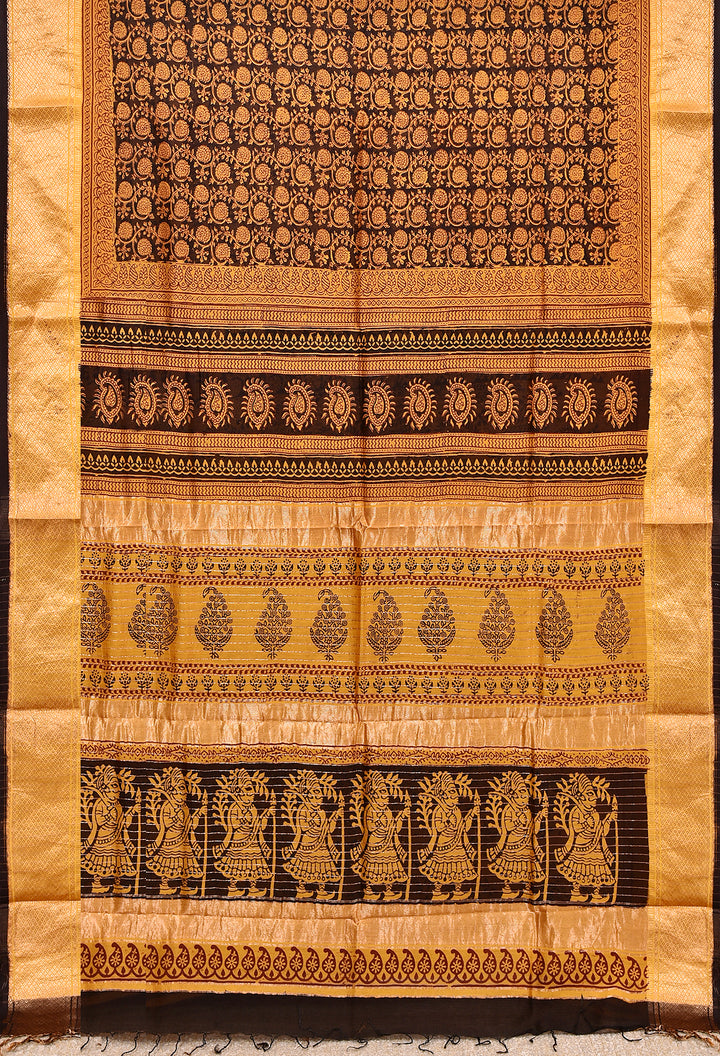 JAYILA : BAGH HANDBLOCK HANDWOVEN MAHESHWARI COTTON SILK SAREE WITH GOLD ZARI BORDER