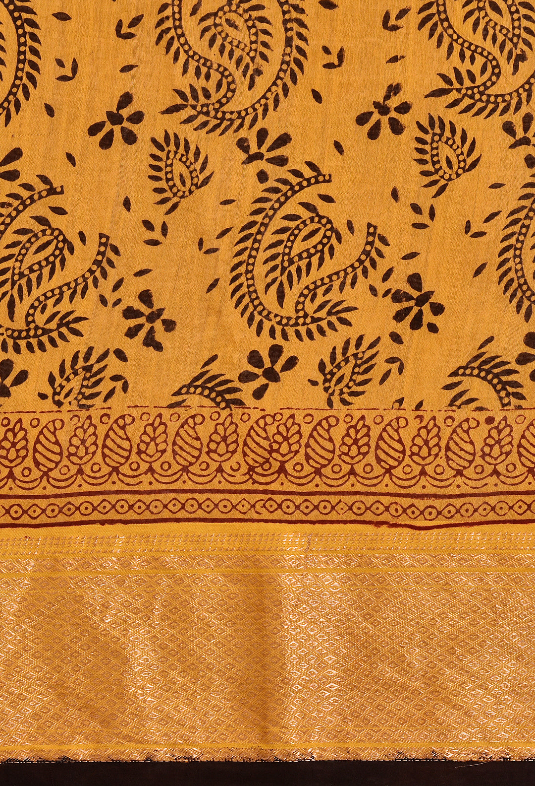 JAYILA : BAGH HANDBLOCK HANDWOVEN MAHESHWARI COTTON SILK SAREE WITH GOLD ZARI BORDER
