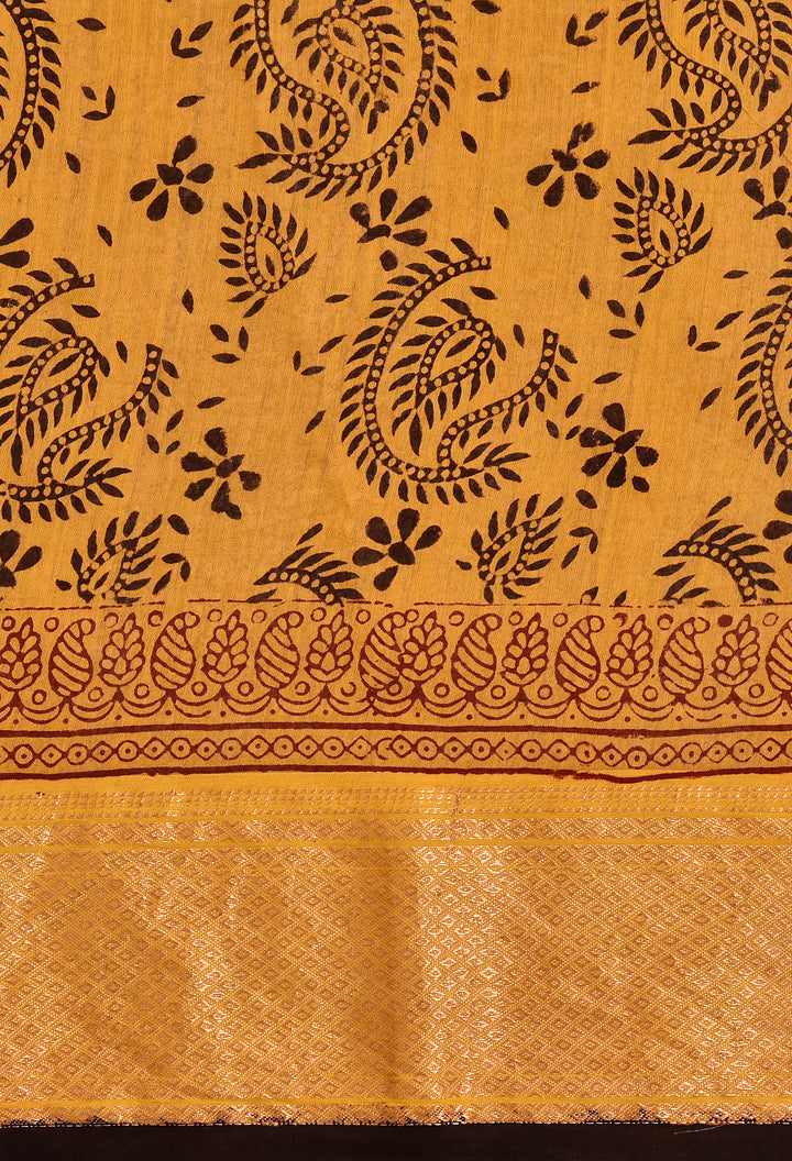JAYILA : BAGH HANDBLOCK HANDWOVEN MAHESHWARI COTTON SILK SAREE WITH GOLD ZARI BORDER