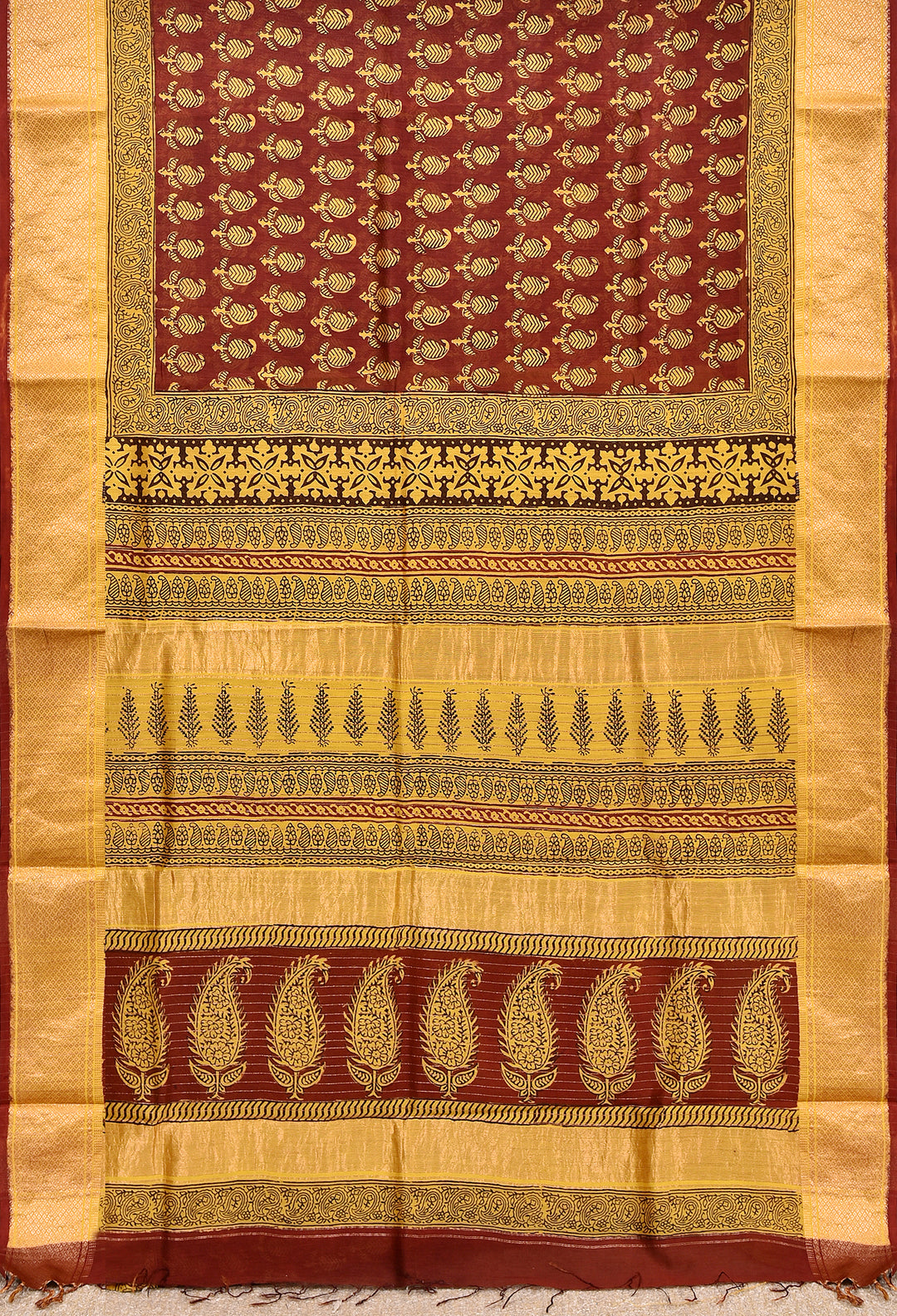 ANANDA : BAGH HANDBLOCK HANDWOVEN MAHESHWARI COTTON SILK SAREE WITH GOLD ZARI BORDER