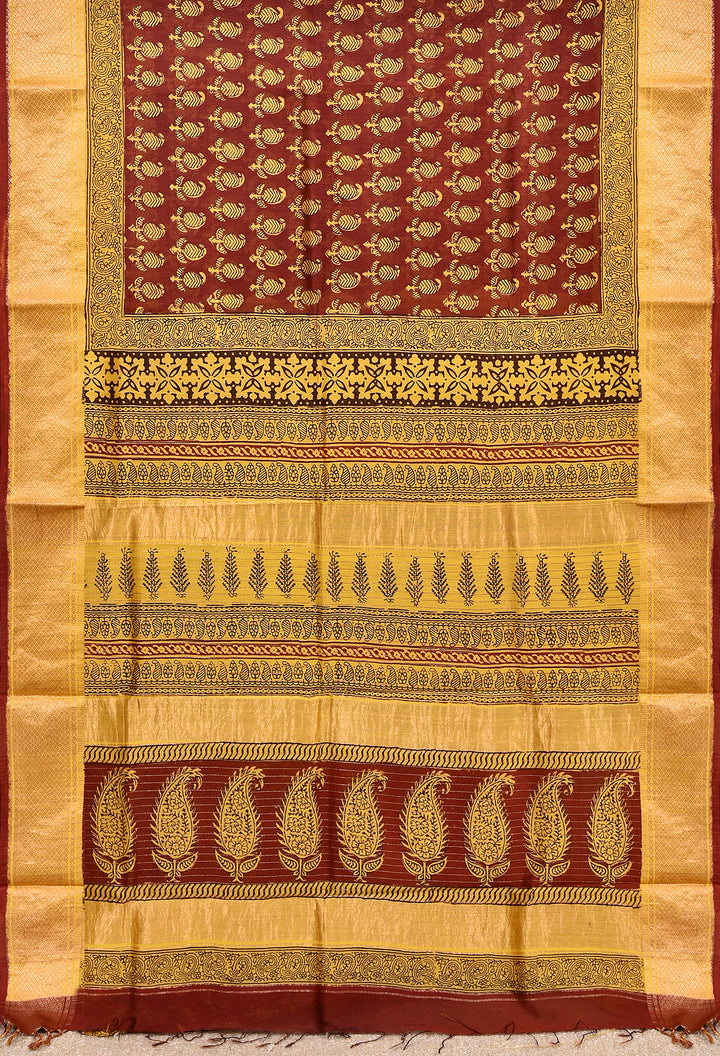 ANANDA : BAGH HANDBLOCK HANDWOVEN MAHESHWARI COTTON SILK SAREE WITH GOLD ZARI BORDER