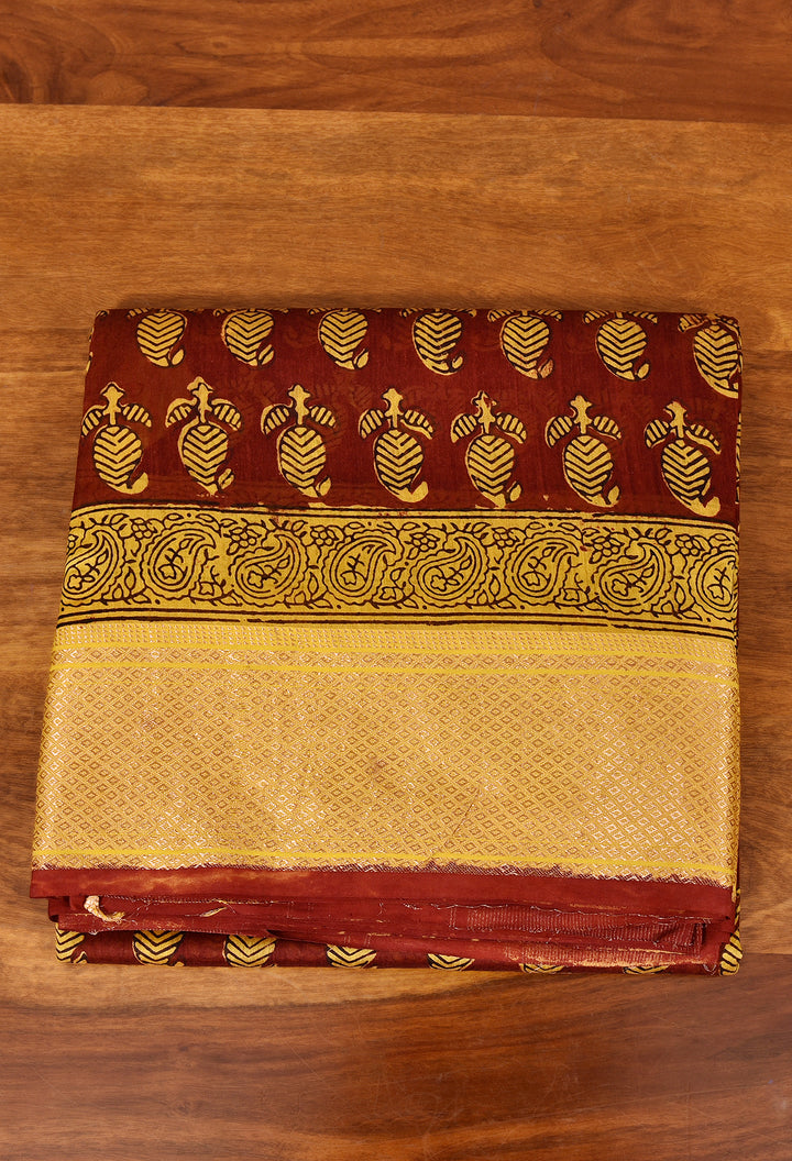 ANANDA : BAGH HANDBLOCK HANDWOVEN MAHESHWARI COTTON SILK SAREE WITH GOLD ZARI BORDER