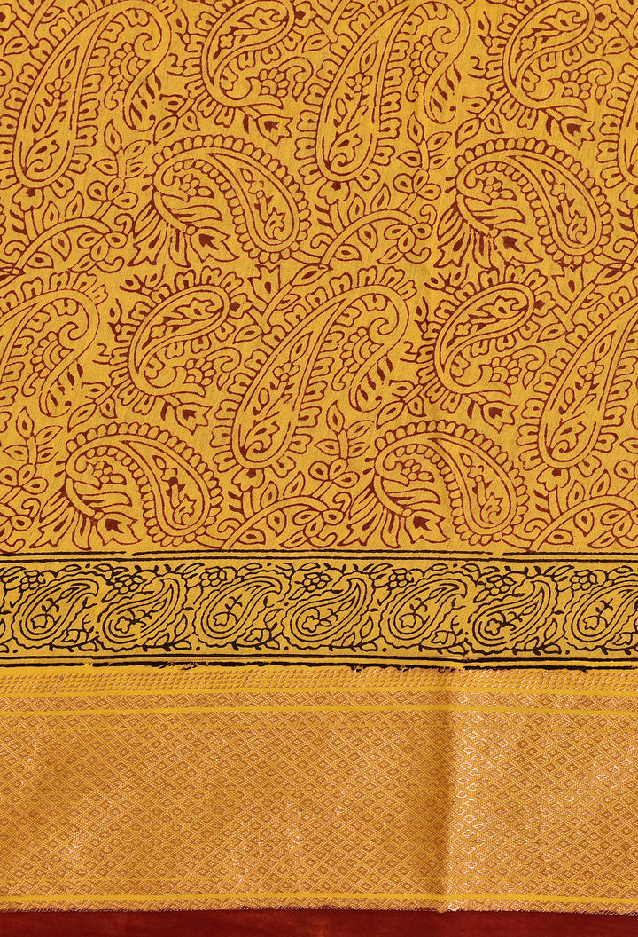 ANANDA : BAGH HANDBLOCK HANDWOVEN MAHESHWARI COTTON SILK SAREE WITH GOLD ZARI BORDER