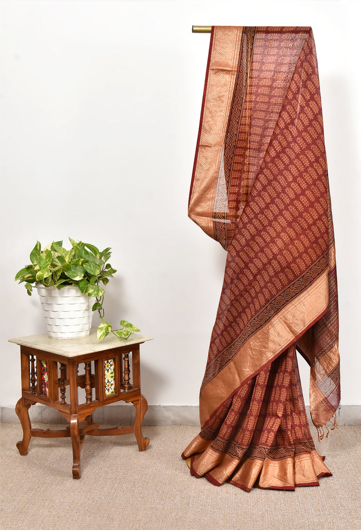 MOSIKA : BAGH HANDBLOCK HANDWOVEN MAHESHWARI COTTON SILK SAREE WITH GOLD ZARI BORDER