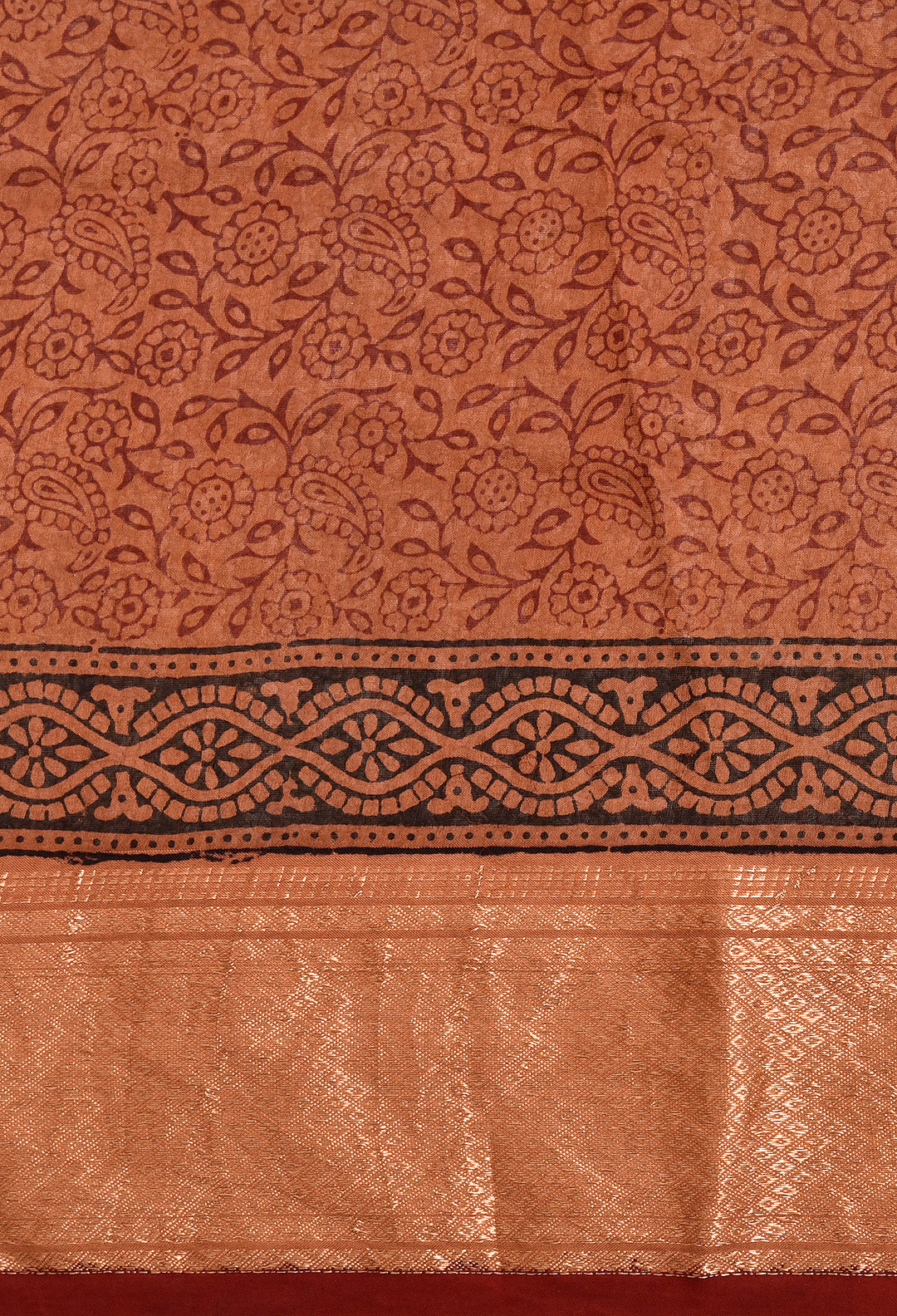 MOSIKA : BAGH HANDBLOCK HANDWOVEN MAHESHWARI COTTON SILK SAREE WITH GOLD ZARI BORDER
