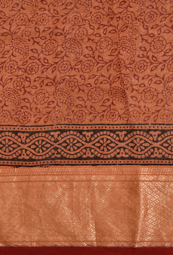 MOSIKA : BAGH HANDBLOCK HANDWOVEN MAHESHWARI COTTON SILK SAREE WITH GOLD ZARI BORDER