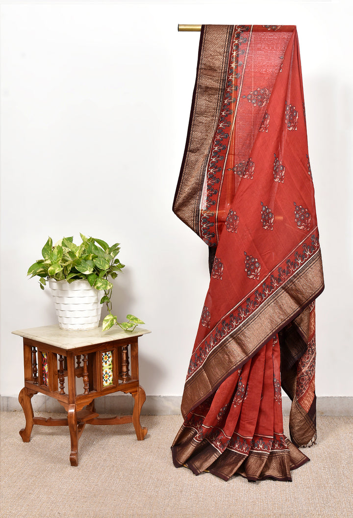 LIPULEKHA  : AJRAKH HANDBLOCK COTTON SILK SAREE WITH GOLD ZARI BORDER