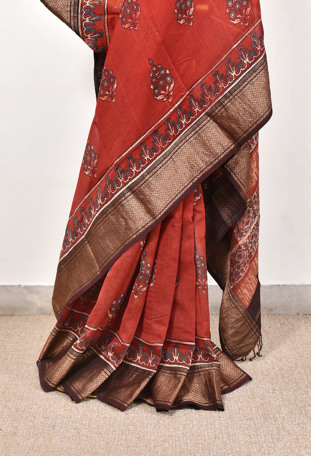 LIPULEKHA  : AJRAKH HANDBLOCK COTTON SILK SAREE WITH GOLD ZARI BORDER