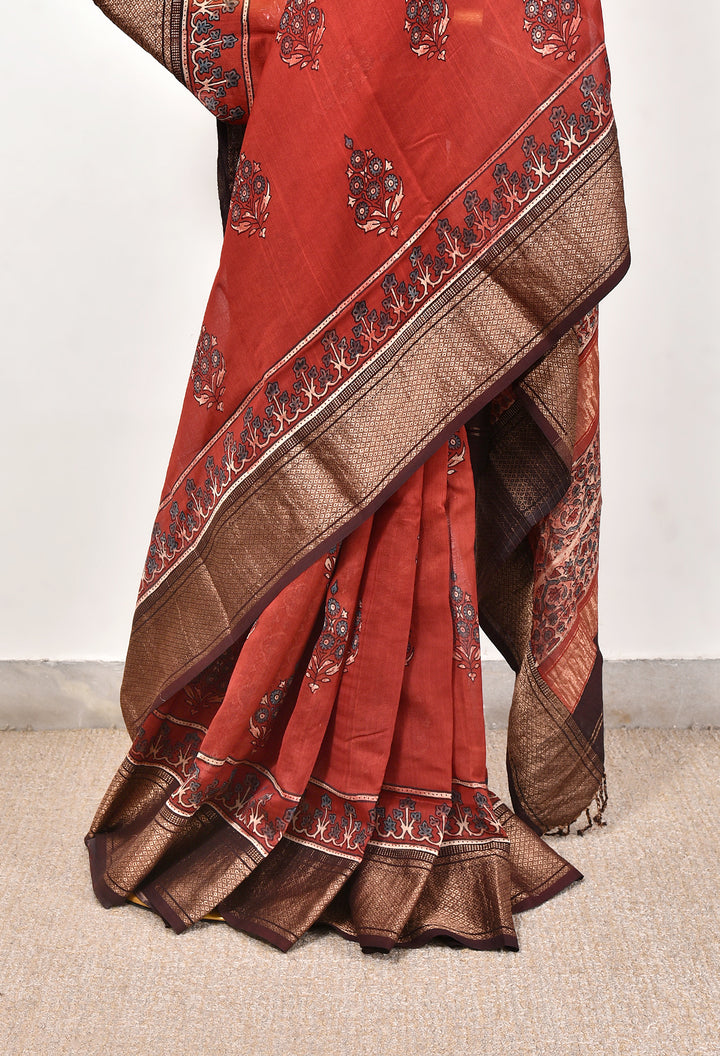 LIPULEKHA  : AJRAKH HANDBLOCK COTTON SILK SAREE WITH GOLD ZARI BORDER