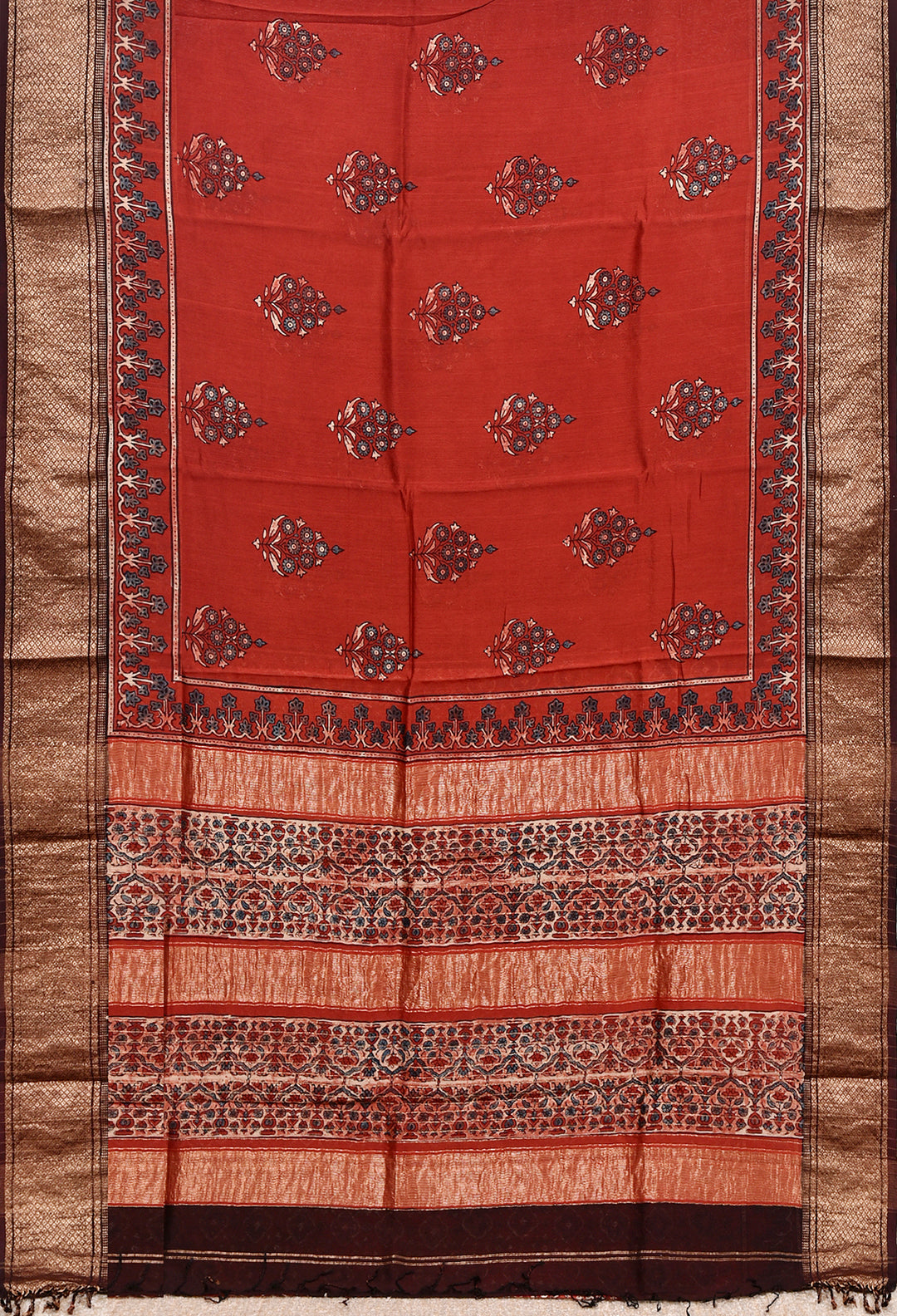 LIPULEKHA  : AJRAKH HANDBLOCK COTTON SILK SAREE WITH GOLD ZARI BORDER