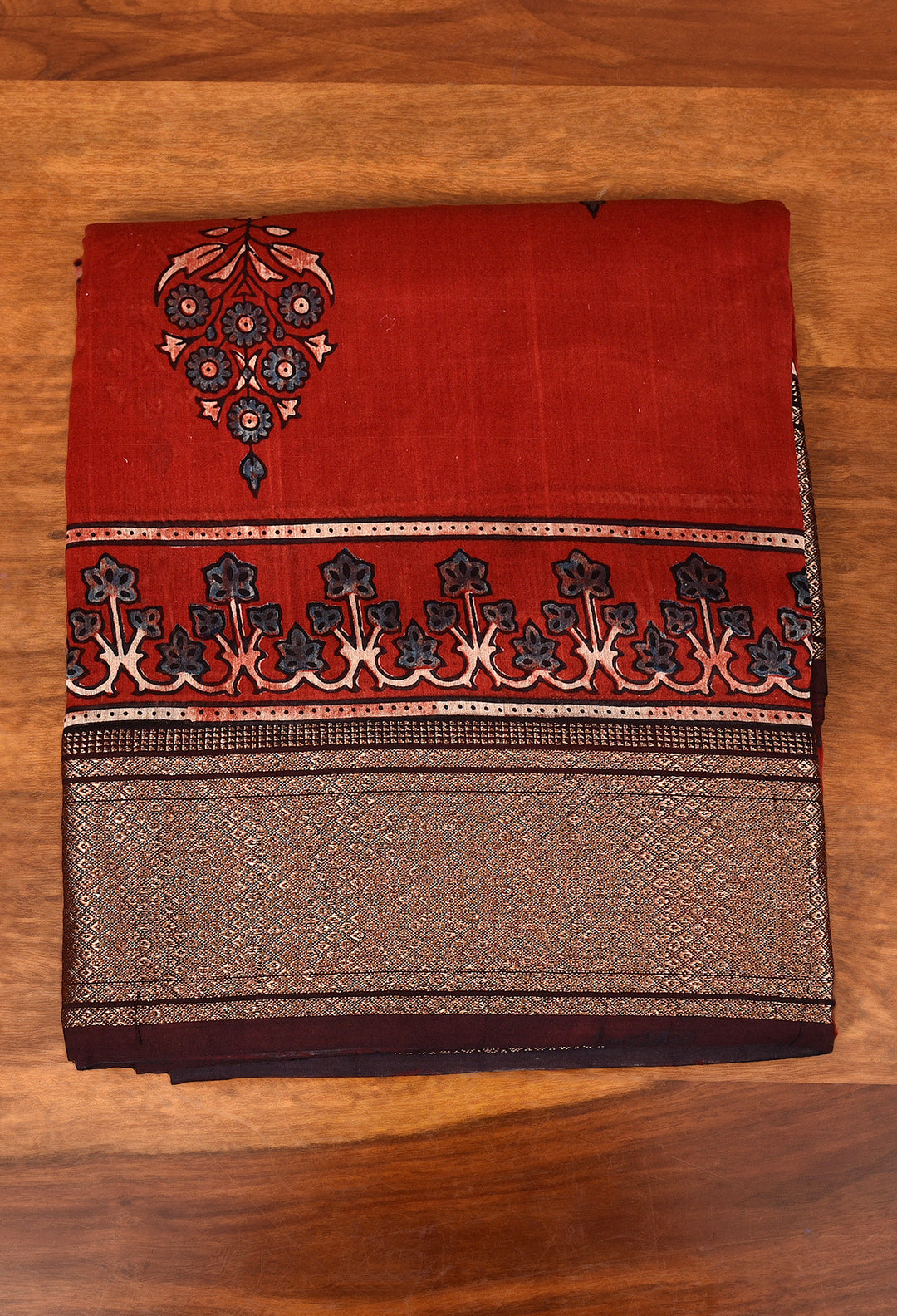 LIPULEKHA  : AJRAKH HANDBLOCK COTTON SILK SAREE WITH GOLD ZARI BORDER