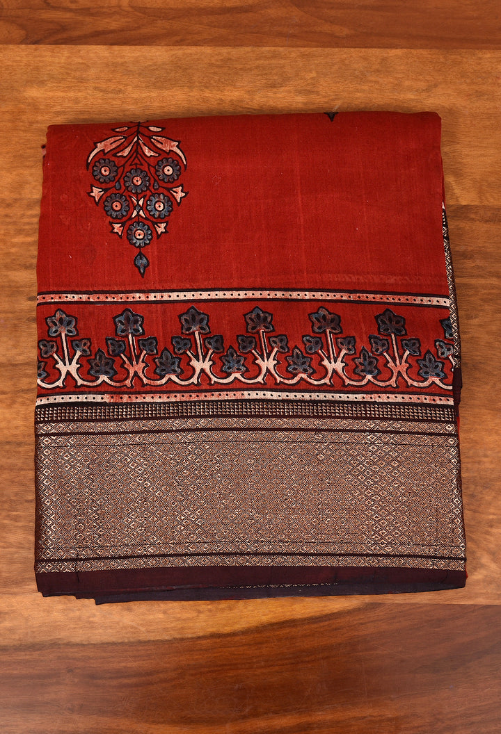 LIPULEKHA  : AJRAKH HANDBLOCK COTTON SILK SAREE WITH GOLD ZARI BORDER
