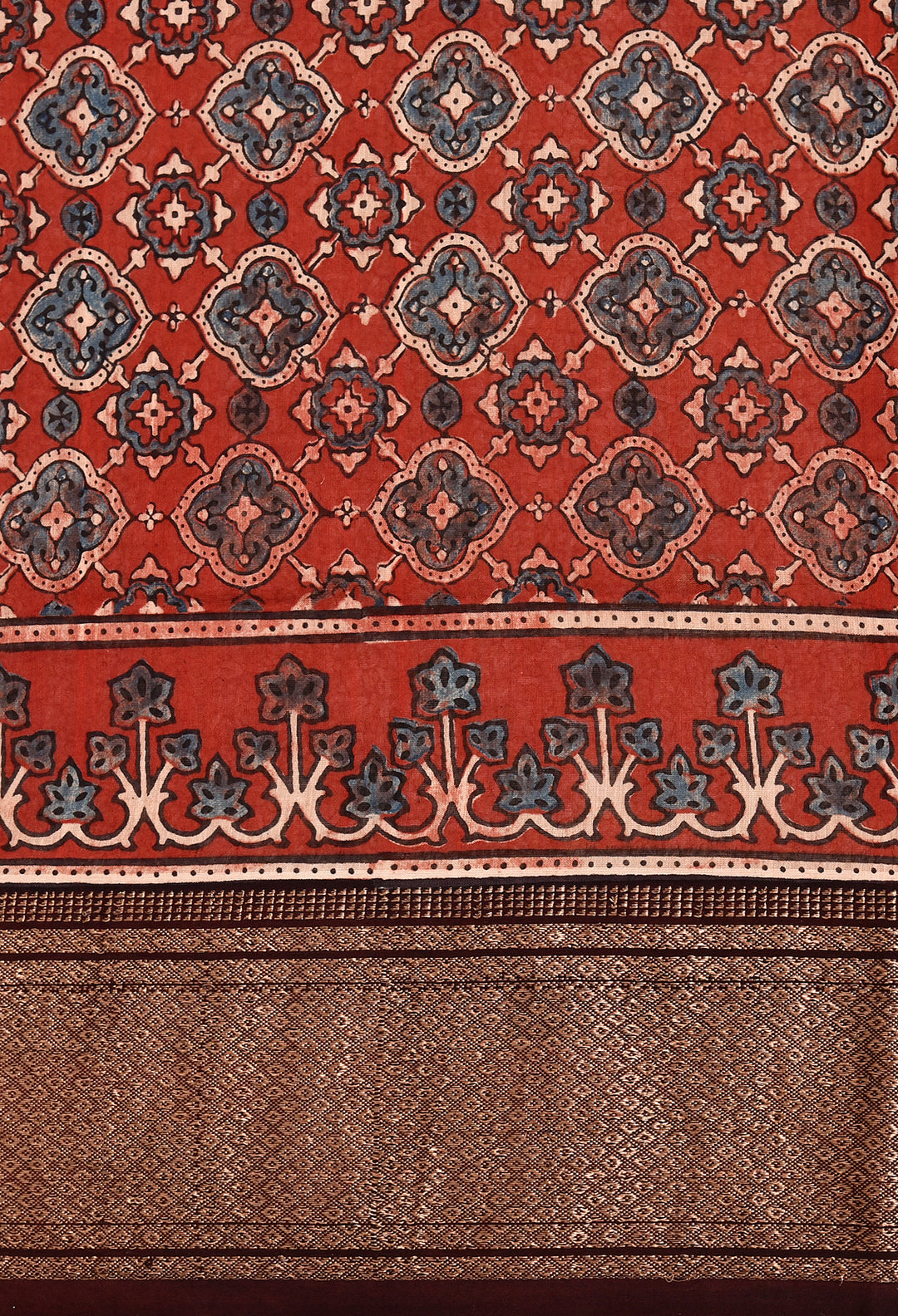LIPULEKHA  : AJRAKH HANDBLOCK COTTON SILK SAREE WITH GOLD ZARI BORDER