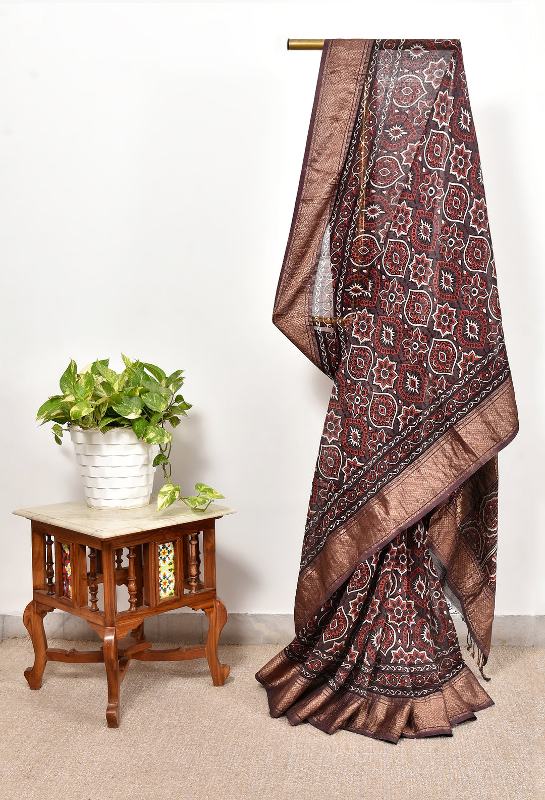 KETAKI : AJRAKH HANDBLOCK HANDWOVEN MAHESHWARI COTTON SILK SAREE WITH GOLD ZARI BORDER
