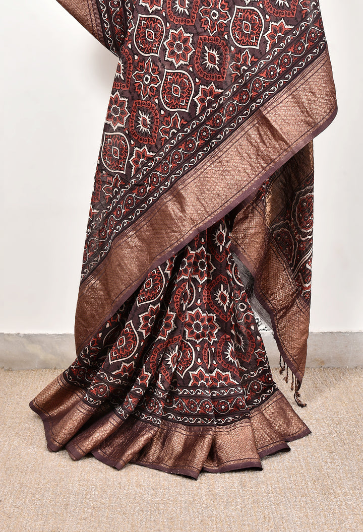KETAKI : AJRAKH HANDBLOCK HANDWOVEN MAHESHWARI COTTON SILK SAREE WITH GOLD ZARI BORDER