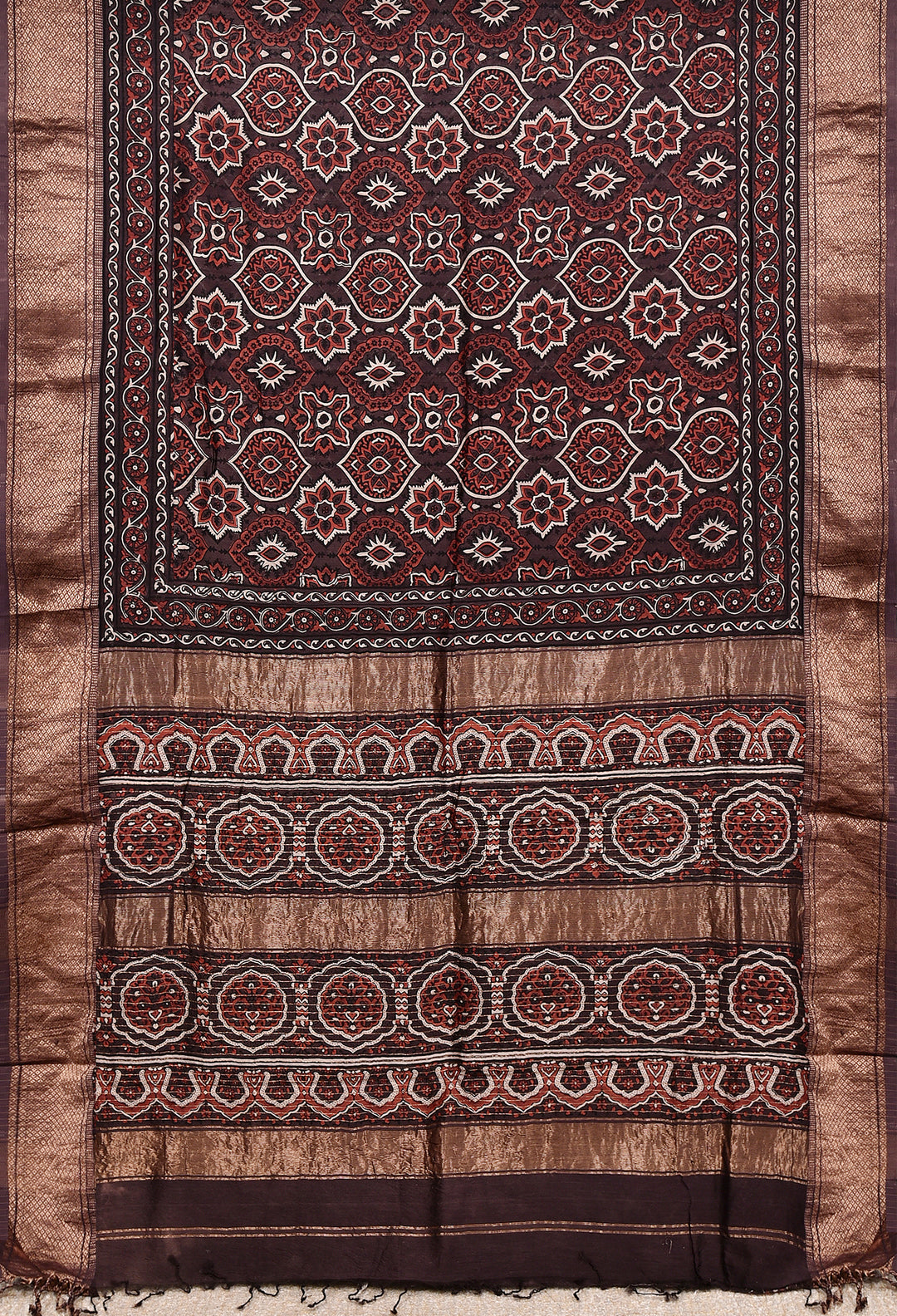 KETAKI : AJRAKH HANDBLOCK HANDWOVEN MAHESHWARI COTTON SILK SAREE WITH GOLD ZARI BORDER