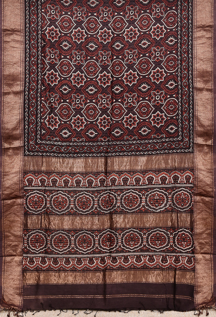 KETAKI : AJRAKH HANDBLOCK HANDWOVEN MAHESHWARI COTTON SILK SAREE WITH GOLD ZARI BORDER