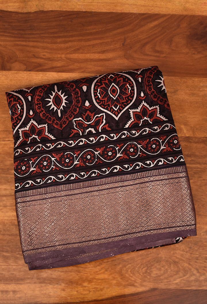 KETAKI : AJRAKH HANDBLOCK HANDWOVEN MAHESHWARI COTTON SILK SAREE WITH GOLD ZARI BORDER