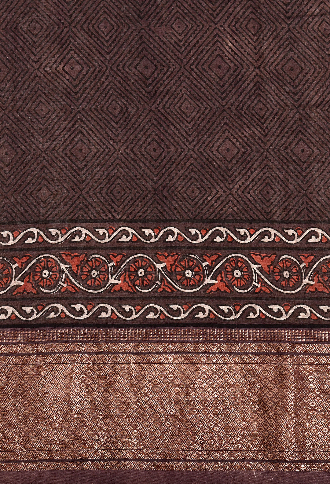 KETAKI : AJRAKH HANDBLOCK HANDWOVEN MAHESHWARI COTTON SILK SAREE WITH GOLD ZARI BORDER