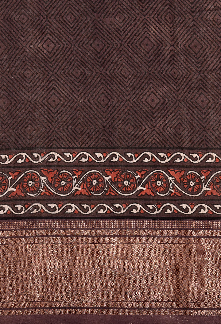 KETAKI : AJRAKH HANDBLOCK HANDWOVEN MAHESHWARI COTTON SILK SAREE WITH GOLD ZARI BORDER
