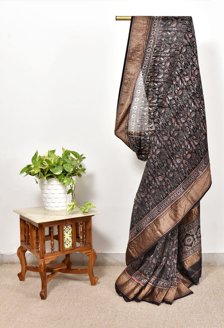 SUMRA : AJRAKH HANDBLOCK HANDWOVEN MAHESHWARI COTTON SILK SAREE WITH GOLD ZARI BORDER