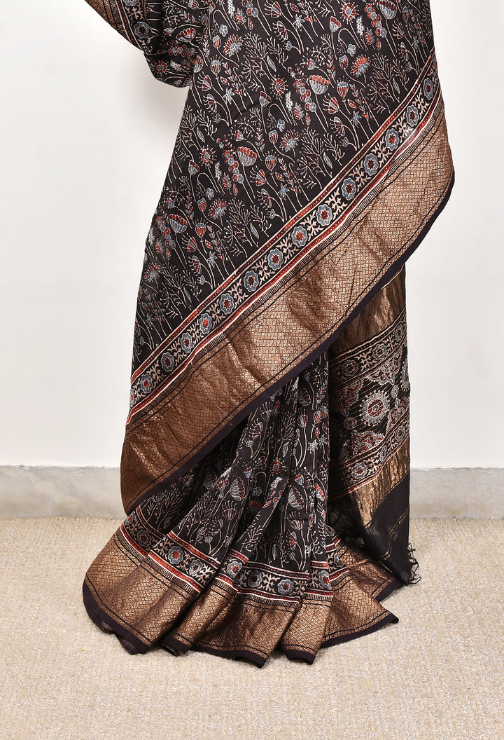 SUMRA : AJRAKH HANDBLOCK HANDWOVEN MAHESHWARI COTTON SILK SAREE WITH GOLD ZARI BORDER