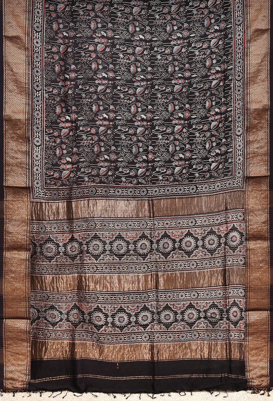 SUMRA : AJRAKH HANDBLOCK HANDWOVEN MAHESHWARI COTTON SILK SAREE WITH GOLD ZARI BORDER