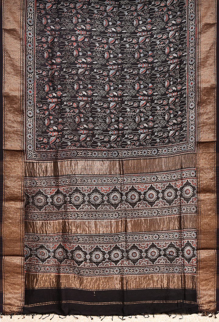 SUMRA : AJRAKH HANDBLOCK HANDWOVEN MAHESHWARI COTTON SILK SAREE WITH GOLD ZARI BORDER
