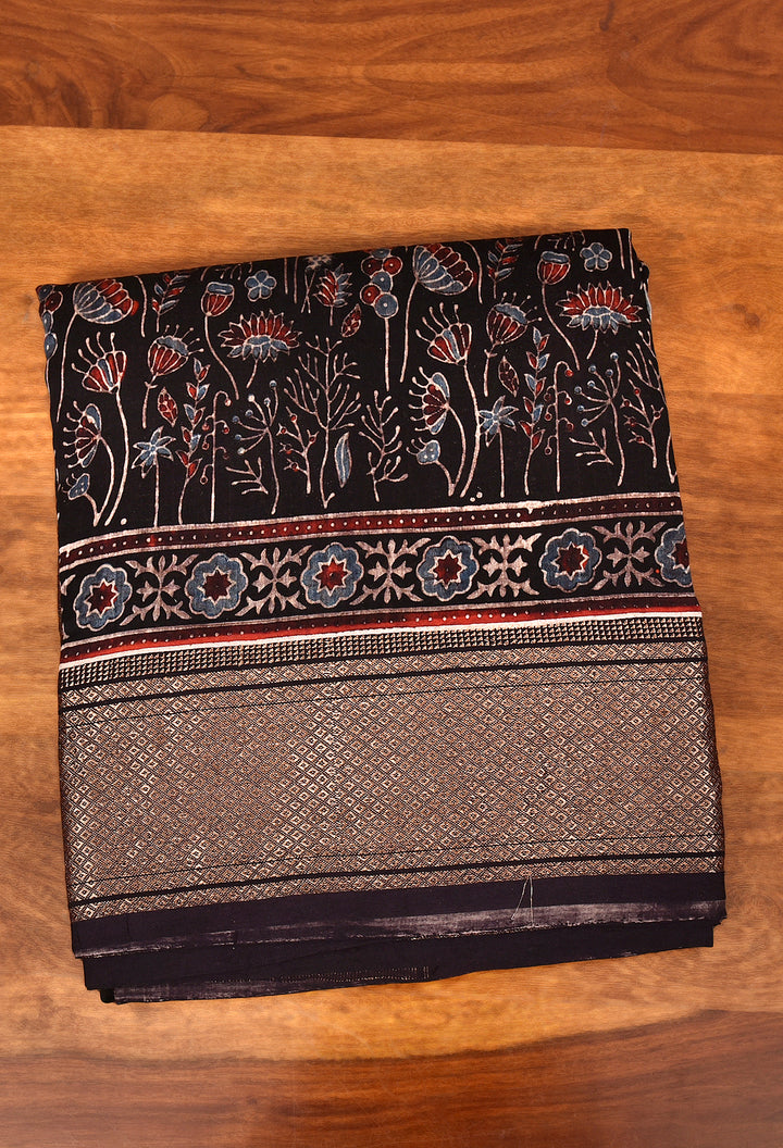 SUMRA : AJRAKH HANDBLOCK HANDWOVEN MAHESHWARI COTTON SILK SAREE WITH GOLD ZARI BORDER