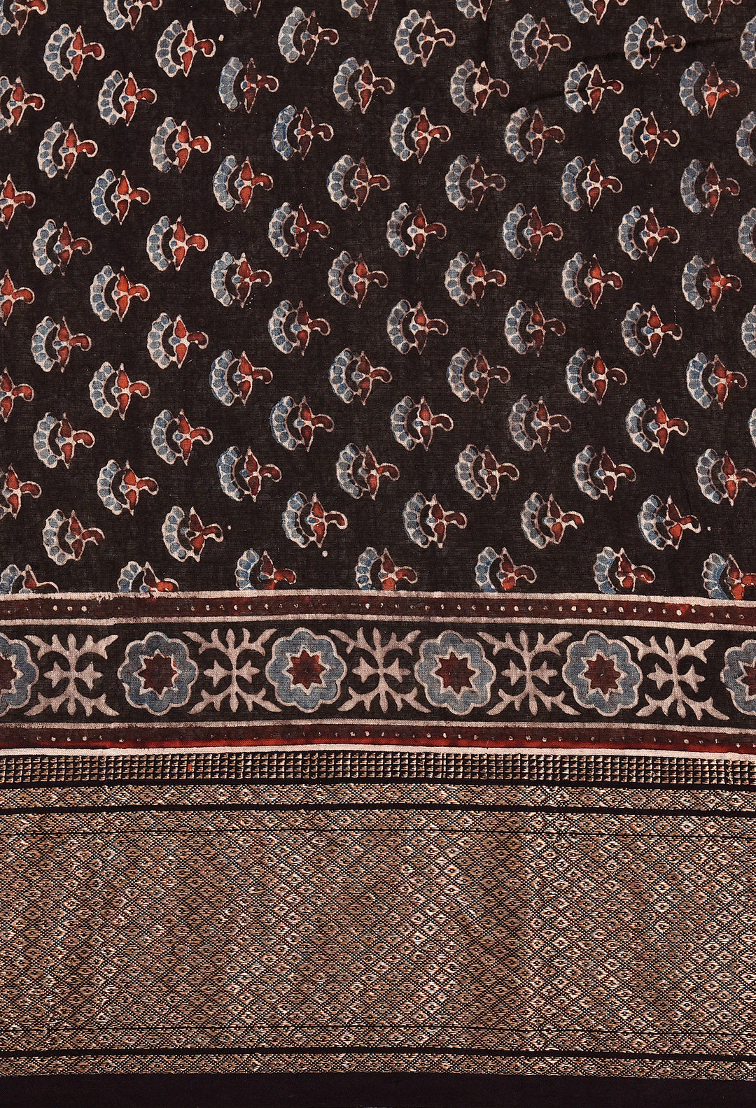 SUMRA : AJRAKH HANDBLOCK HANDWOVEN MAHESHWARI COTTON SILK SAREE WITH GOLD ZARI BORDER