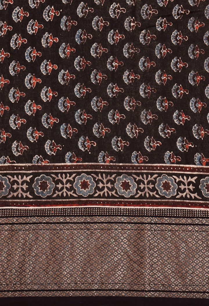 SUMRA : AJRAKH HANDBLOCK HANDWOVEN MAHESHWARI COTTON SILK SAREE WITH GOLD ZARI BORDER