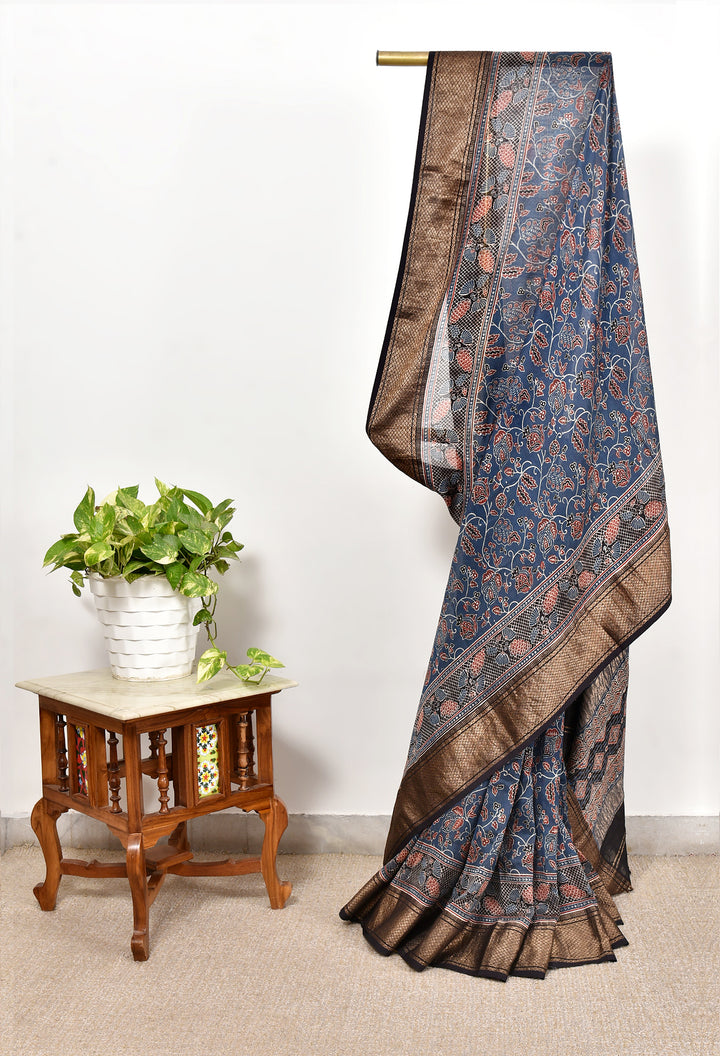 PREMAL : AJRAKH HANDBLOCK HANDWOVEN MAHESHWARI COTTON SILK SAREE WITH GOLD ZARI BORDER