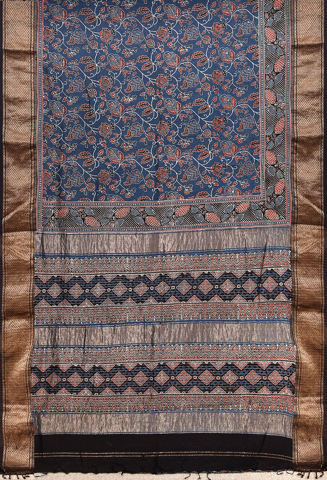 PREMAL : AJRAKH HANDBLOCK HANDWOVEN MAHESHWARI COTTON SILK SAREE WITH GOLD ZARI BORDER