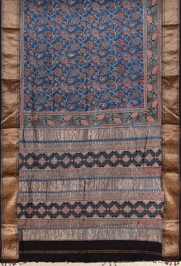 PREMAL : AJRAKH HANDBLOCK HANDWOVEN MAHESHWARI COTTON SILK SAREE WITH GOLD ZARI BORDER