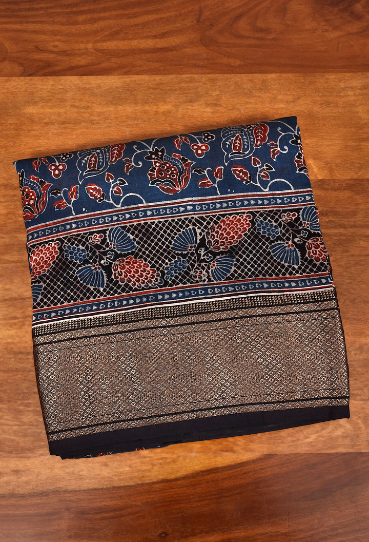 PREMAL : AJRAKH HANDBLOCK HANDWOVEN MAHESHWARI COTTON SILK SAREE WITH GOLD ZARI BORDER