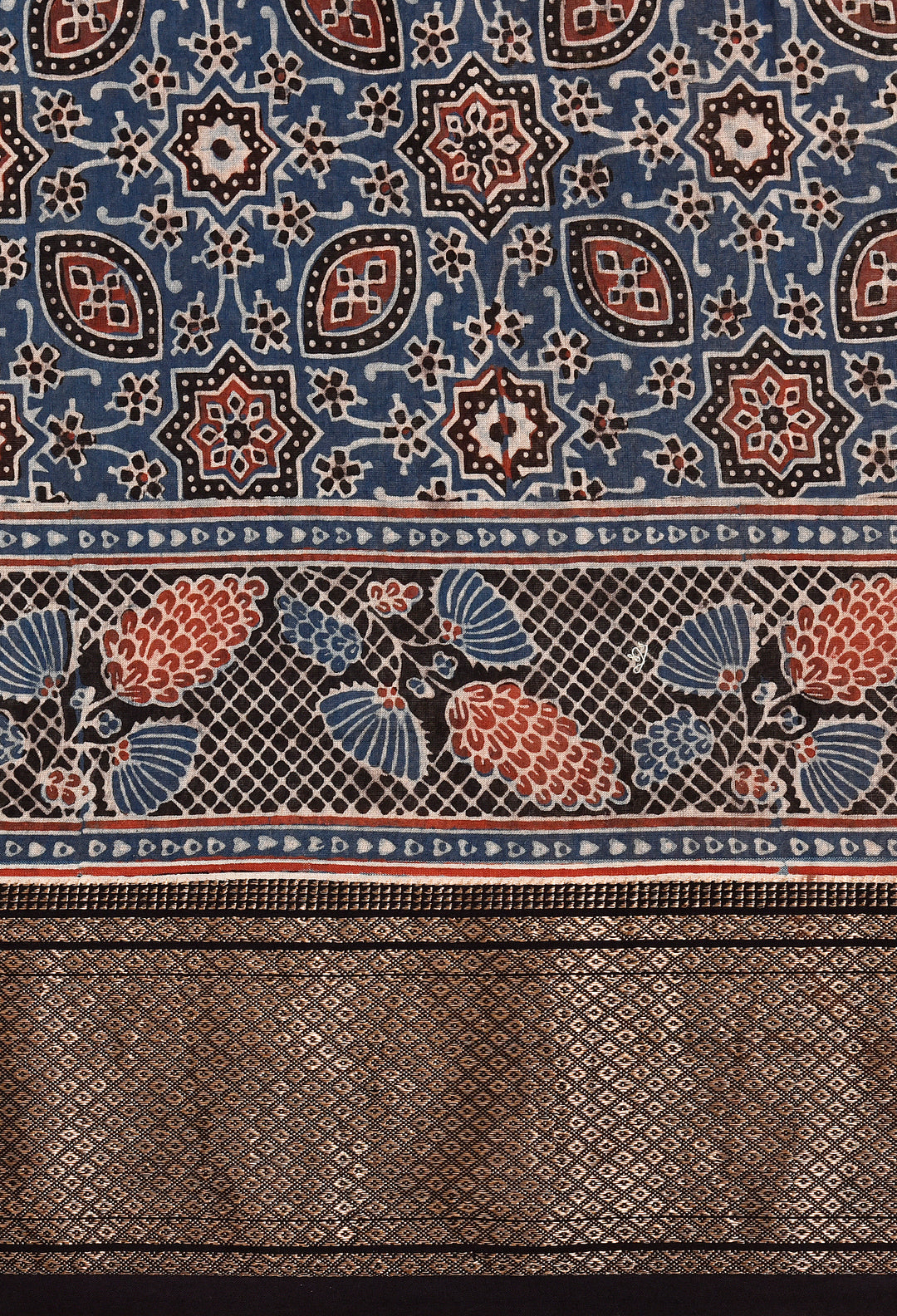 PREMAL : AJRAKH HANDBLOCK HANDWOVEN MAHESHWARI COTTON SILK SAREE WITH GOLD ZARI BORDER