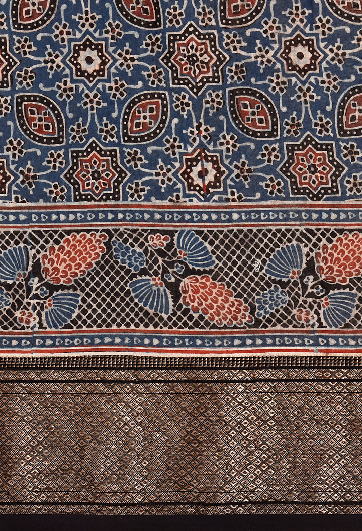PREMAL : AJRAKH HANDBLOCK HANDWOVEN MAHESHWARI COTTON SILK SAREE WITH GOLD ZARI BORDER