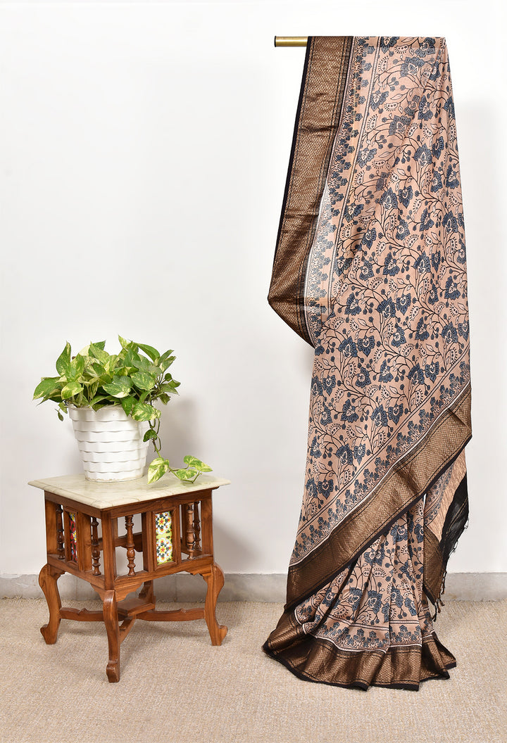 SUTIDI : AJRAKH HANDBLOCK HANDWOVEN MAHESHWARI COTTON SILK SAREE WITH GOLD ZARI BORDER