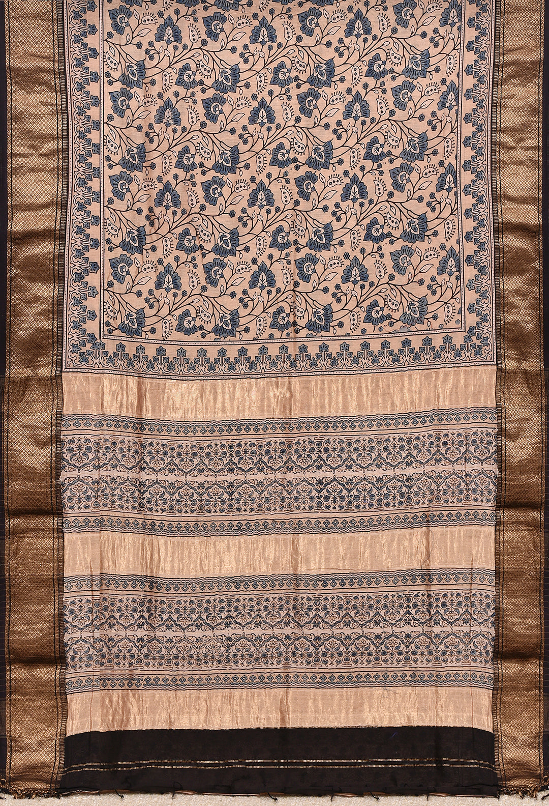 SUTIDI : AJRAKH HANDBLOCK HANDWOVEN MAHESHWARI COTTON SILK SAREE WITH GOLD ZARI BORDER
