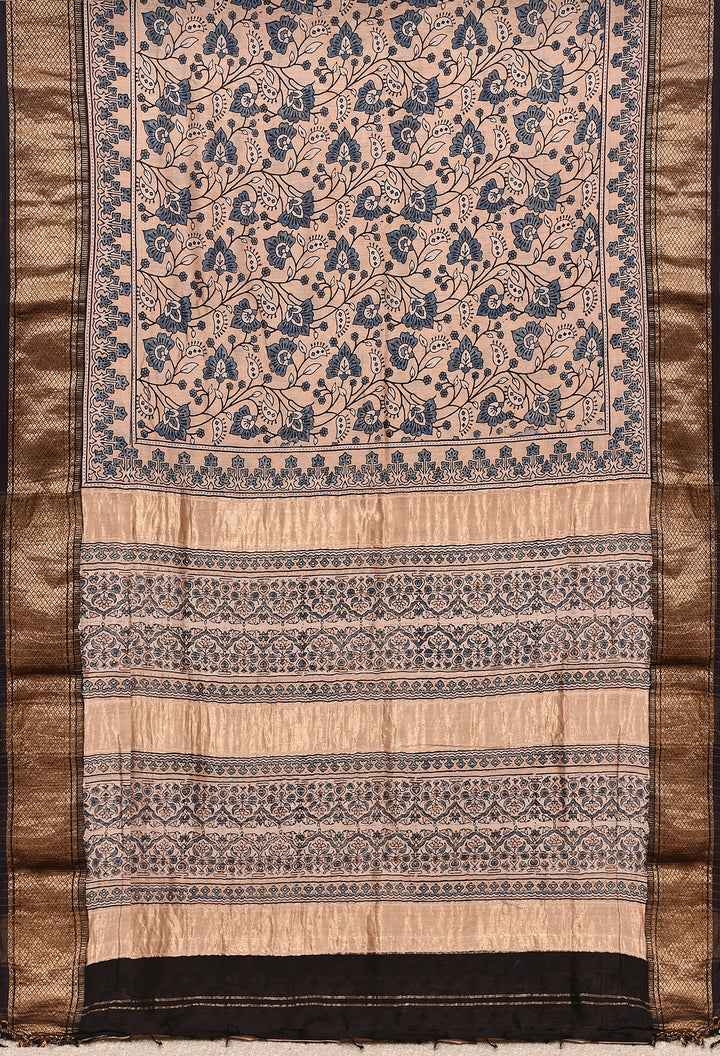 SUTIDI : AJRAKH HANDBLOCK HANDWOVEN MAHESHWARI COTTON SILK SAREE WITH GOLD ZARI BORDER