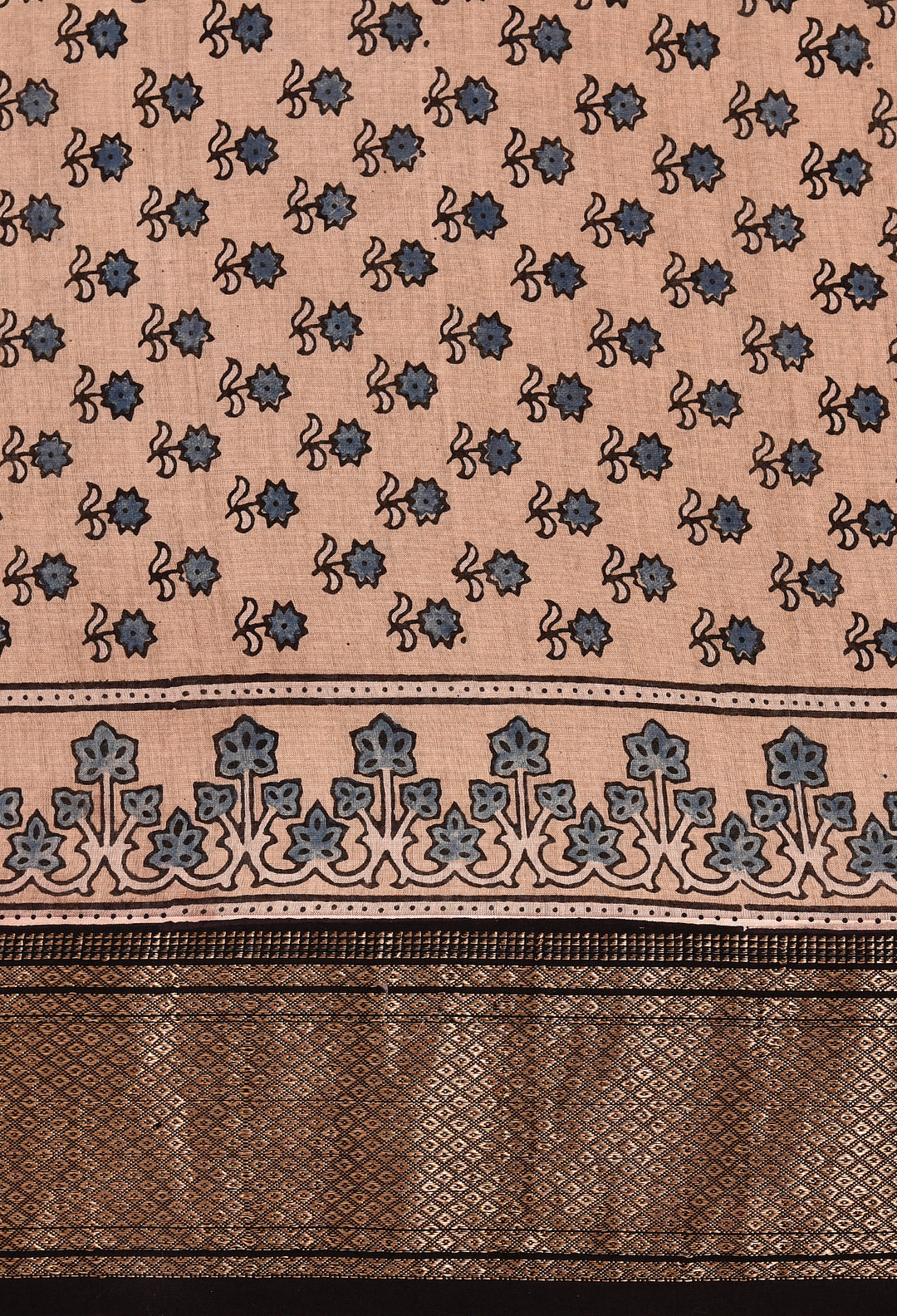 SUTIDI : AJRAKH HANDBLOCK HANDWOVEN MAHESHWARI COTTON SILK SAREE WITH GOLD ZARI BORDER
