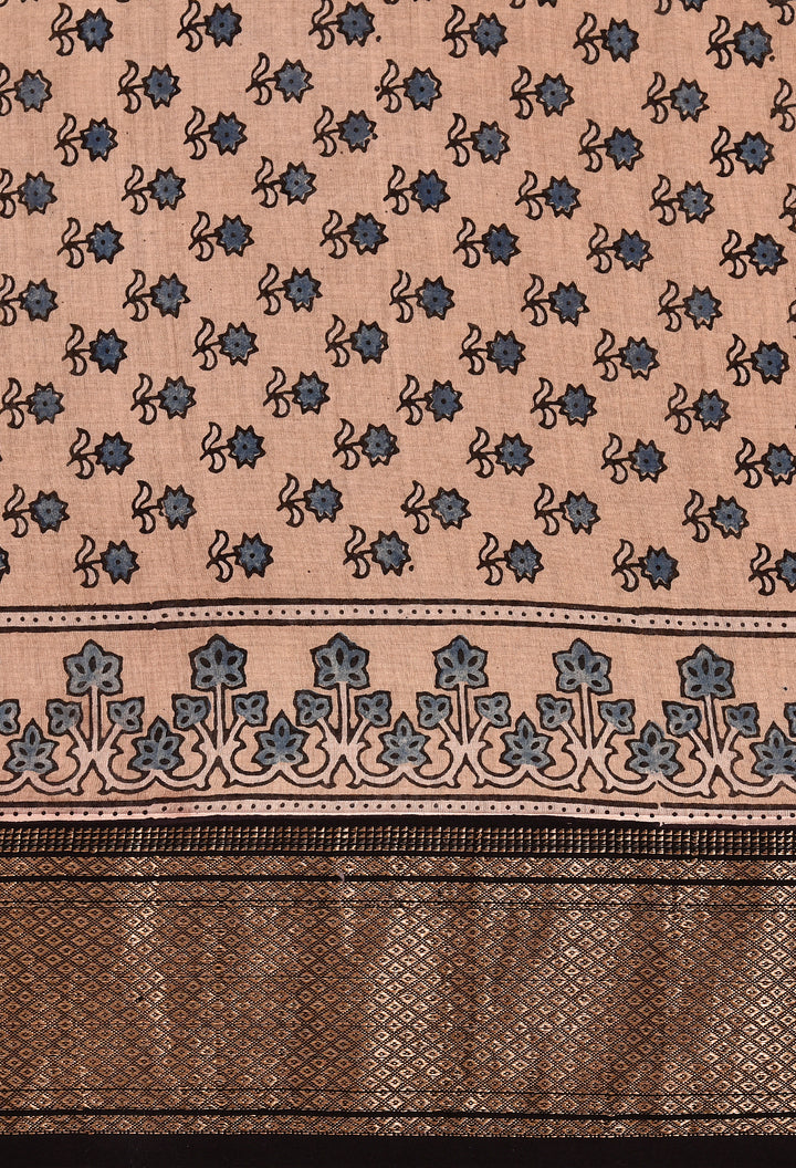 SUTIDI : AJRAKH HANDBLOCK HANDWOVEN MAHESHWARI COTTON SILK SAREE WITH GOLD ZARI BORDER