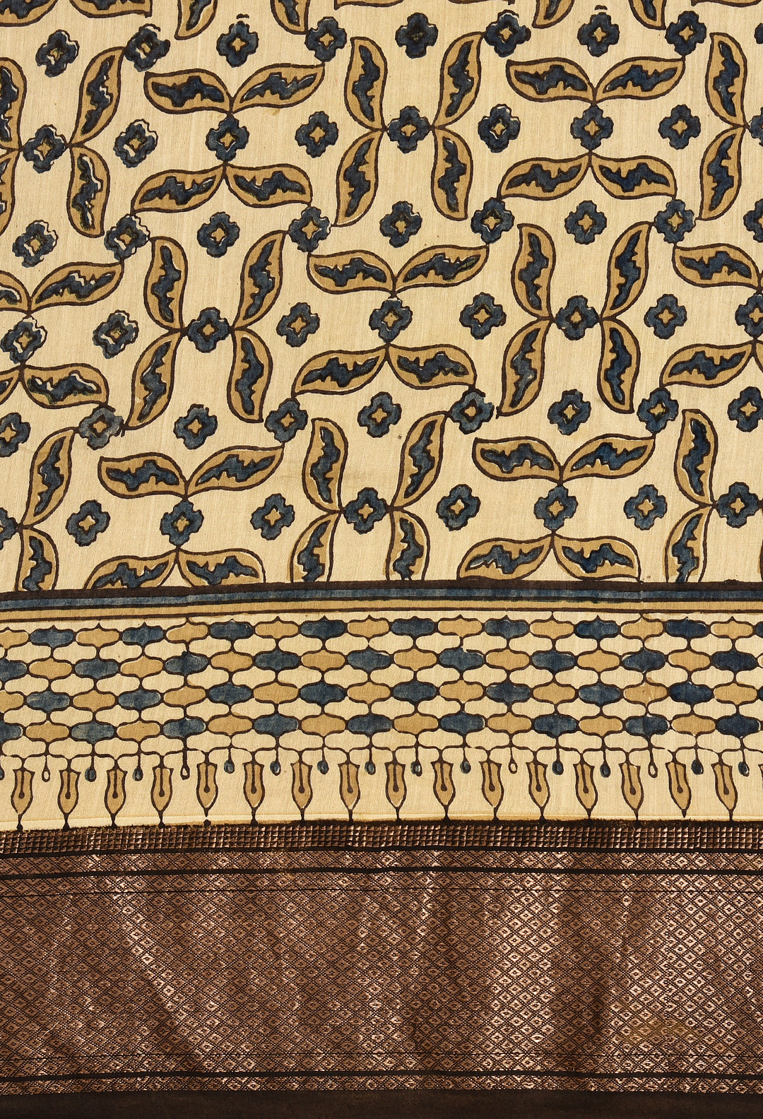 KOMLI : AJRAKH HANDBLOCK HANDWOVEN MAHESHWARI COTTON SILK SAREE WITH GOLD ZARI BORDER