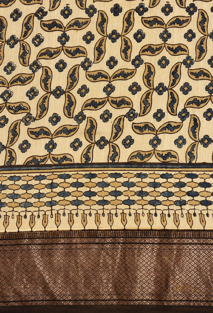 KOMLI : AJRAKH HANDBLOCK HANDWOVEN MAHESHWARI COTTON SILK SAREE WITH GOLD ZARI BORDER