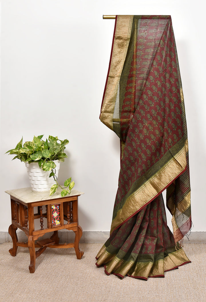 YOSHMA : BAGH HANDBLOCK HANDWOVEN MAHESHWARI COTTON SILK SAREE WITH GOLD ZARI BORDER